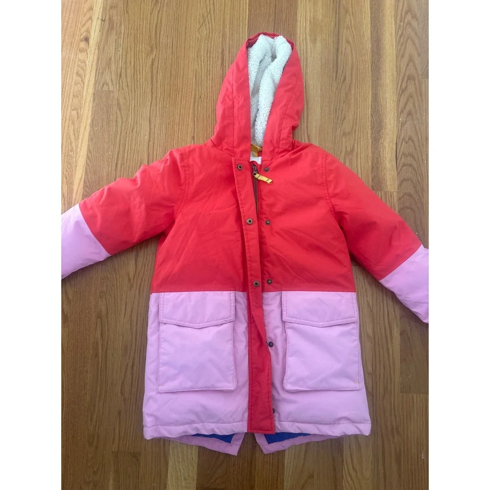 Boden Kids Red Pink Colorblock Sherpa Lined Hooded Parka Winter Coat Size 6-7Y